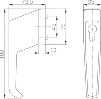 Technische Zeichnung Abschließbarer Fenstergriff für Profilzylinder 9M10,AUS=PHZ VOR