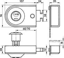 Technische Zeichnung Kastenriegelschloss mit Sperrbügel - System R10 R136