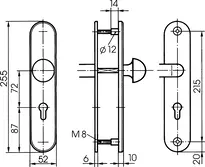 Technische Zeichnung Stahl-Schutzbeschlag mit PZ-Lochung - Rundknauf/Drücker S306
