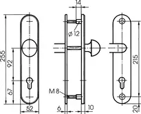 Technische Zeichnung Stahl-Schutzbeschlag mit PZ-Lochung - Rundknauf/Drücker S316