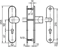 Technische Zeichnung Stahl-Schutzbeschlag mit PZ-Lochung - Winkelknauf/Drücker S318