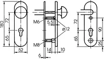 Technische Zeichnung Stahl-Schutzbeschlag mit PZ-Lochung - Rundknauf/Drücker S326
