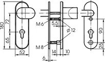 Technische Zeichnung Stahl-Schutzbeschlag mit PZ-Lochung - Winkelknauf/Drücker S328