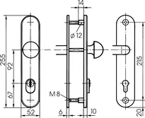 Technische Zeichnung Stahl-Schutzbeschlag mit Zylinderabdeckung - Rundknauf/Drücker S416