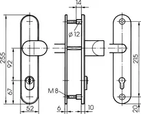 Technische Zeichnung Stahl-Schutzbeschlag mit Zylinderabdeckung - Winkelknauf/Drücker S418