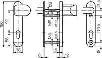 Technische Zeichnung Stahl-Schutzbeschlag mit PZ-Lochung - Winkelknauf/Drücker S6B8,AUS=P