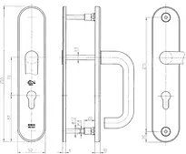 Technische Zeichnung Stahl-Schutzbeschlag mit PZ-Lochung - Drücker/Drücker SX03