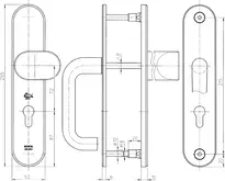 Technische Zeichnung Stahl-Schutzbeschlag mit PZ-Lochung - Winkelknauf/Drücker SX08