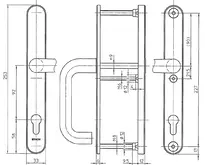 Technische Zeichnung Stahl-Schutzbeschlag mit PZ-Lochung - Drücker/Drücker SX43