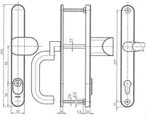 Technical drawing Steel security fitting with cylinder cover - angled knob/handle SXR8