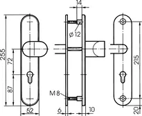 Technische Zeichnung Stahl-Schutzbeschlag mit PZ-Lochung - Winkelknauf/Drücker S308