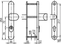 Technical drawing Steel security fitting with cylinder cover - angled knob/handle S638